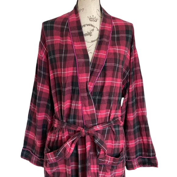 SOLD Eileen West plaid tartan black Pink Christmas long Robe cotton Classic L - Picture 4 of 17
